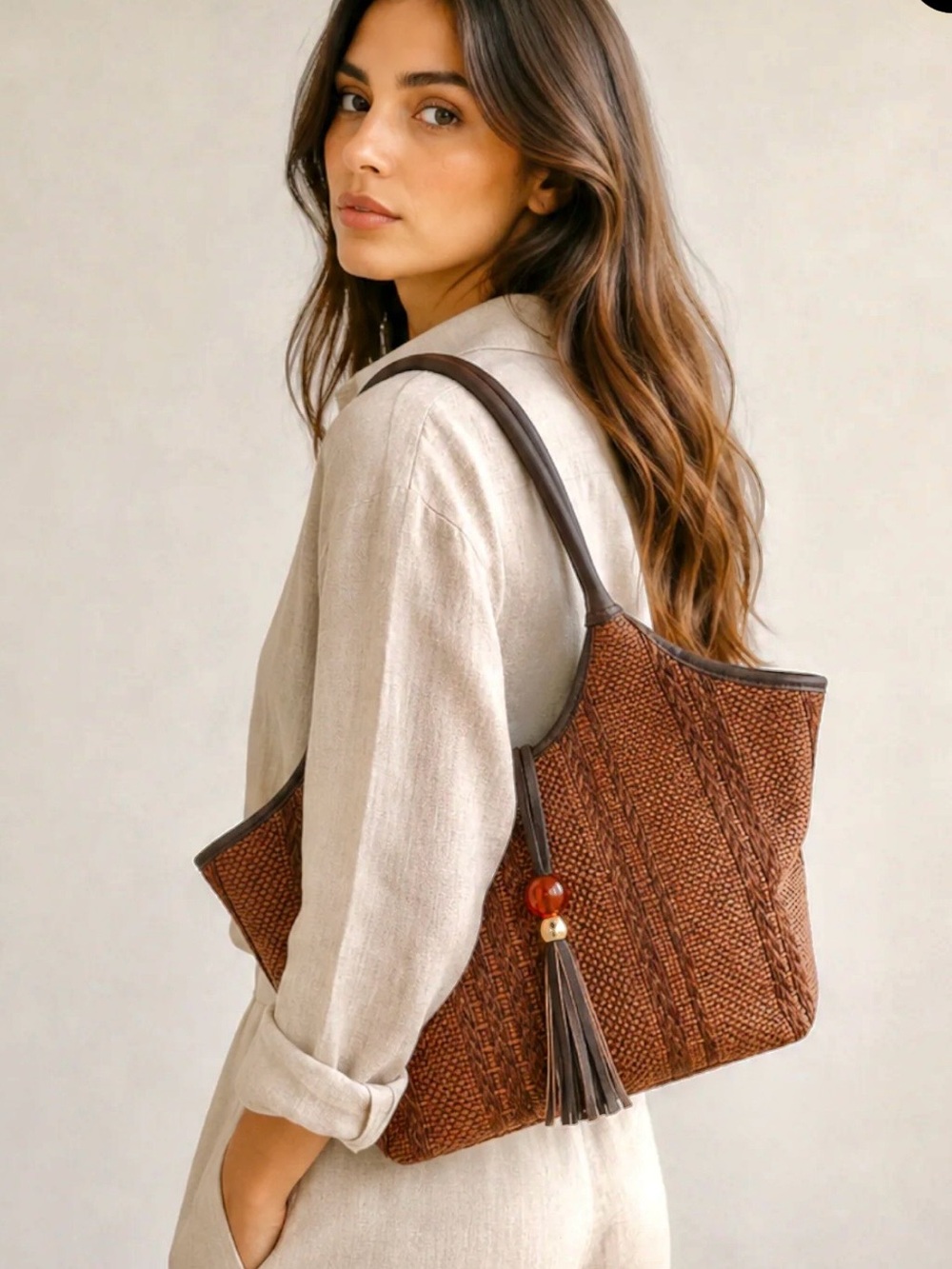 Cheval Firenze straw Woven Brown Satchel Tote with Tassel Accent